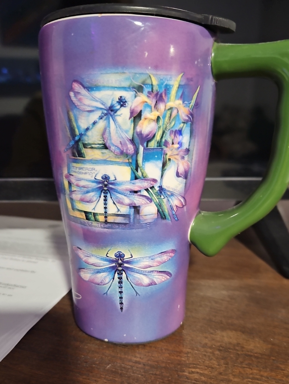 Dragonfly Floral Travel Mug - Purple & Green